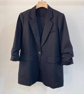 Blazer in <span class=keywords><strong>Lino</strong></span> di Alta Qualità Nuovo 2026 Primavera <span class=keywords><strong>Donna</strong></span> Colletto a Revers Bottone Singolo Manica 3/4 Casual Blu Bianco Nero Cappotto Giacca - Product Image 4