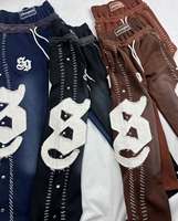 Conjunto de sudadera y pantalones deportivos con parche desgastado lavado con ácido, ropa de calle con media cremallera y logotipo bordado personalizado