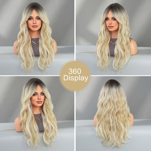 Pelucas onduladas naturales rizadas largas Ombre Rubio medio dividido flequillo pelo sintético con raíces oscuras para mujeres Ombre marrón peluca 26 pulgadas - Product Image 6