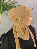 Zifeng OEM Foulard pour femme du Moyen-Orient en dentelle, maille, orné de perles et de strass, style Hui, avec lanières en gaze