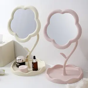Nieuwe Aankomst Ontwerp Opslag Bloemvormige Make-Up Spiegel Pp Plastic Cosmetisch Bureau Tafelblad Spiegels Met Frame Afneembaar Draaibaar