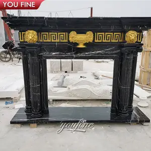 Hand Carved Black Marble Fireplace with Golden Painting