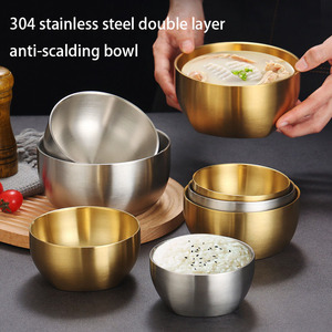 韓国スタイル304ステンレス鋼ゴールドボウルライスボウル2層火傷防止スープボウル - Product Image 2