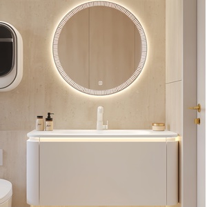 Ensemble de meuble-lavabo mural en bois massif ultra mat, résistant à l'eau, avec finition chêne, pour salle de bain moderne et élégante - Product Image 5