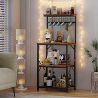 Furologee Support de four à micro-ondes brun rustique à 4 niveaux 6 S crochets Pegboard Bakers Rack Hutch Coffee Bar Station meubles de cuisine
