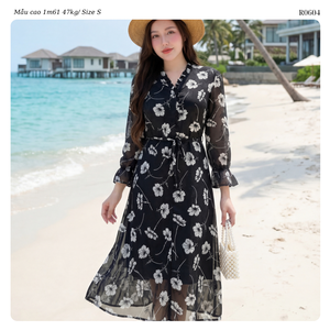 Robe midi à imprimé floral pour femmes, col en V, manches à volants, coupe évasée, robe d'été décontractée, tissu tissé respirant - Product Image 2