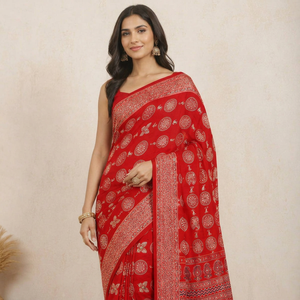 Sari de Seda Suave con Estampado Ajrakh Tradicional, Hecho a Mano con Técnica de Bloques, en Modal Puro - Product Image 1