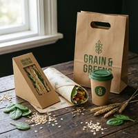Lot d'emballages écologiques en kraft pour repas légers, boîtes à sandwich personnalisées avec logo végétal, papier d'emballage en feuille et gobelets à café jetables avec couvercle vert
