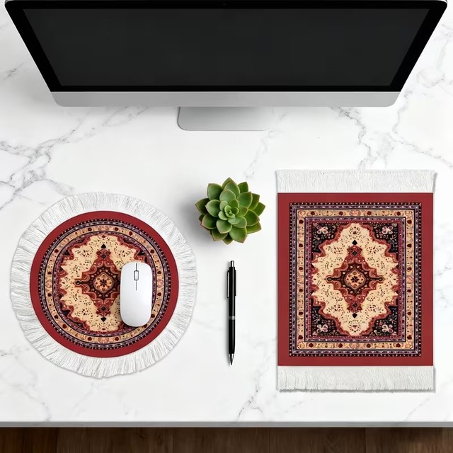 2Pcs Eco-Friendly Gaming Style Carpet Mouse Pad Set Vintage Bohemian Non-Slip Tassel Fabric Rectangular Customizable Logo Stock