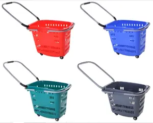 MOQ 20 PCS 34L, 40L, 50L Supermarket Rolling Baskets With Long Handles, Plastic Shopping Baskets With 4 Wheels