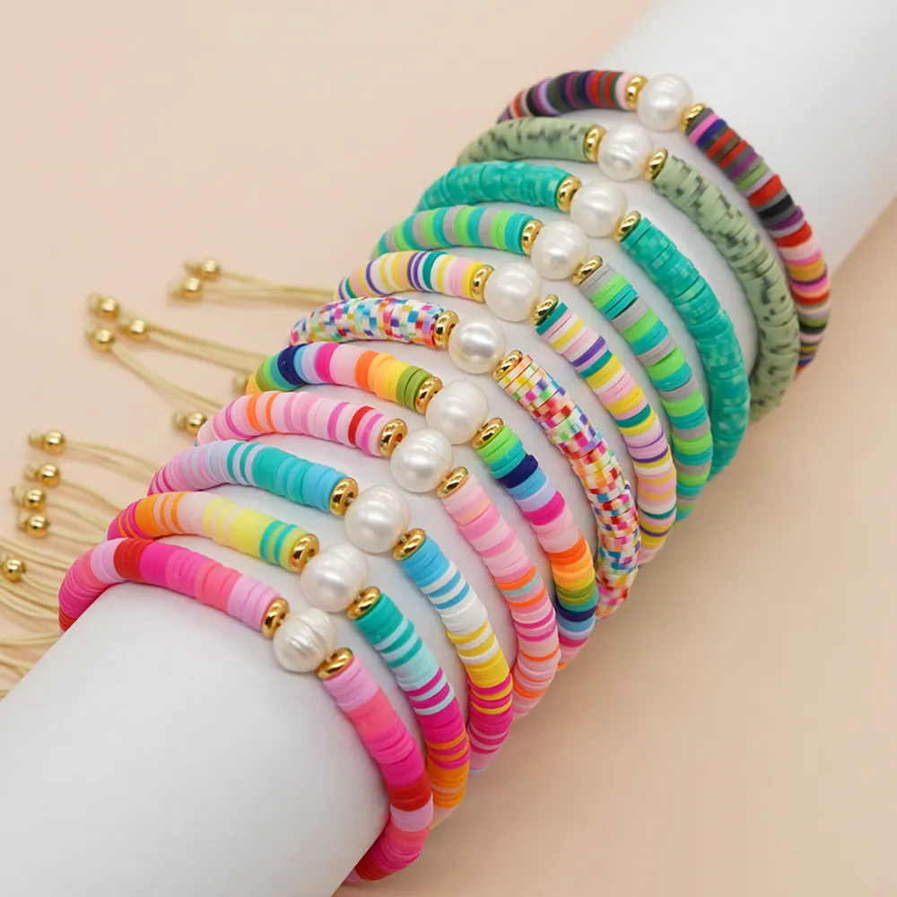 Go2boho arcobaleno colorato Heishi braccialetto di perline perla d'acqua dolce estate fatti a mano con coulisse gioielli di moda bracciali per le donne