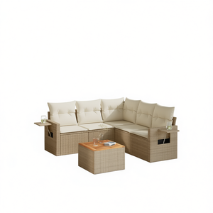 Beige Rattan Garden <b>Sofa</b> Set With <b>Side</b> <b>Tables</b> 6 Seater Outdoor Furniture Contemporary Design - Product Image 1