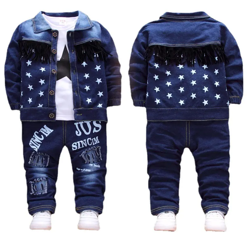 Crianças 2023 nova primavera e outono roupas para crianças terno denim coreano moda infantil conjunto de três peças Jeans para meninos