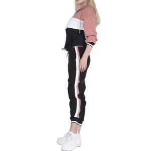 Women's <b>Pink</b> White Color Blocked Hooded <b>Tracksuit</b> <b>Set</b> Full Sleeve Fleece Sporty Style With Pockets Regular Fit All Seasons Wear - Product Image 6