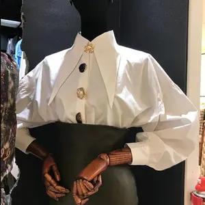 Blusa informal de manga larga para primavera y verano, camisa blanca con botones y cuello en pico para mujer, estilo Retro, 2021