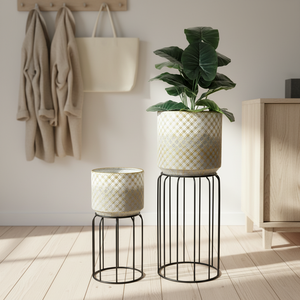 Juego <span class=keywords><strong>de</strong></span> 2 Macetas <span class=keywords><strong>de</strong></span> Piso Estilo Mid-Century con Soporte, Diseño Tejido, Degradado Blanco y Gris, Macetas <span class=keywords><strong>Grandes</strong></span> <span class=keywords><strong>de</strong></span> Metal para Interiores, 11.8"x29" 8.7"x21.7" - Product Image 2