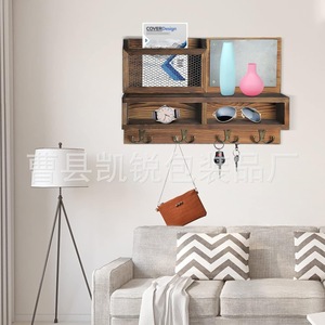Wooden Entryway Key Rack Wall Mounted Mail Storage Organizer With <b>Hooks</b> And <b>Shelves</b> For Home Use - Product Image 4