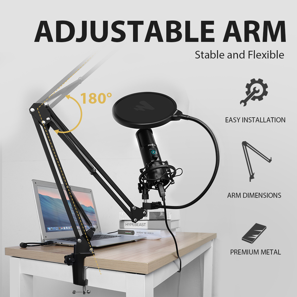 MAONO Professionnel USB Micro Studio Micro avec Micro Bouton de Gain et Un Touche Sourdine