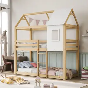 Tempat tidur kabin untuk anak-anak dengan Threehouse kayu pinus Solid tempat tidur tunggal dengan kanopi tempat tidur kembar untuk rumah Sekolah