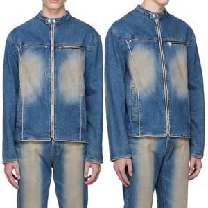 Veste en jean pour homme, style motard, bleu délavé, col montant, fermeture éclair, non extensible, denim biker - Product Image 6