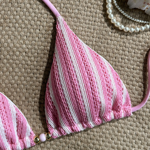 Ensemble bikini tricoté rayé pour femmes, maillot de bain rose à lacets, deux pièces, pour vacances à la plage - Product Image 2