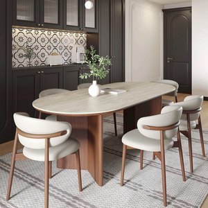 Juego de Mesa y Sillas de Comedor de Madera Maciza y Mármol Ovalado, Estilo Moderno de Mediados de Siglo, para 4 o 6 Personas, Diseño Vintage para Cocina o Restaurante - Product Image 3