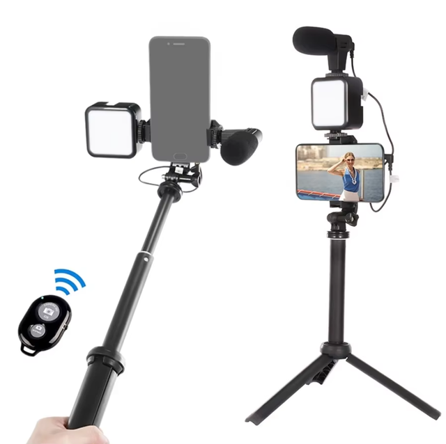 Selfie Photography Video Handheld Vlog Stand Tripod Stabilizer Kit LED Fill Light Microphone Remote Shutter Phone Camera Record