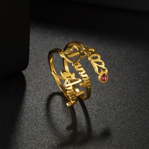 Anillo de Mujer con Letra Chapada en Oro y Circonita Cúbica, Piedra de Nacimiento de Enero, Estilo Moderno, Ajustable, Anillo de Moda - Product Image 5