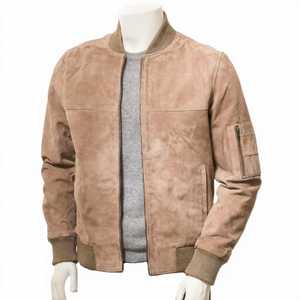 Mens Genuine <b>Suede</b> <b>Leather</b> Bomber <b>Jacket</b> Beige Casual Flight <b>Jacket</b> Rib Knit Collar Zip Up Premium Outerwear Coat - Product Image 1