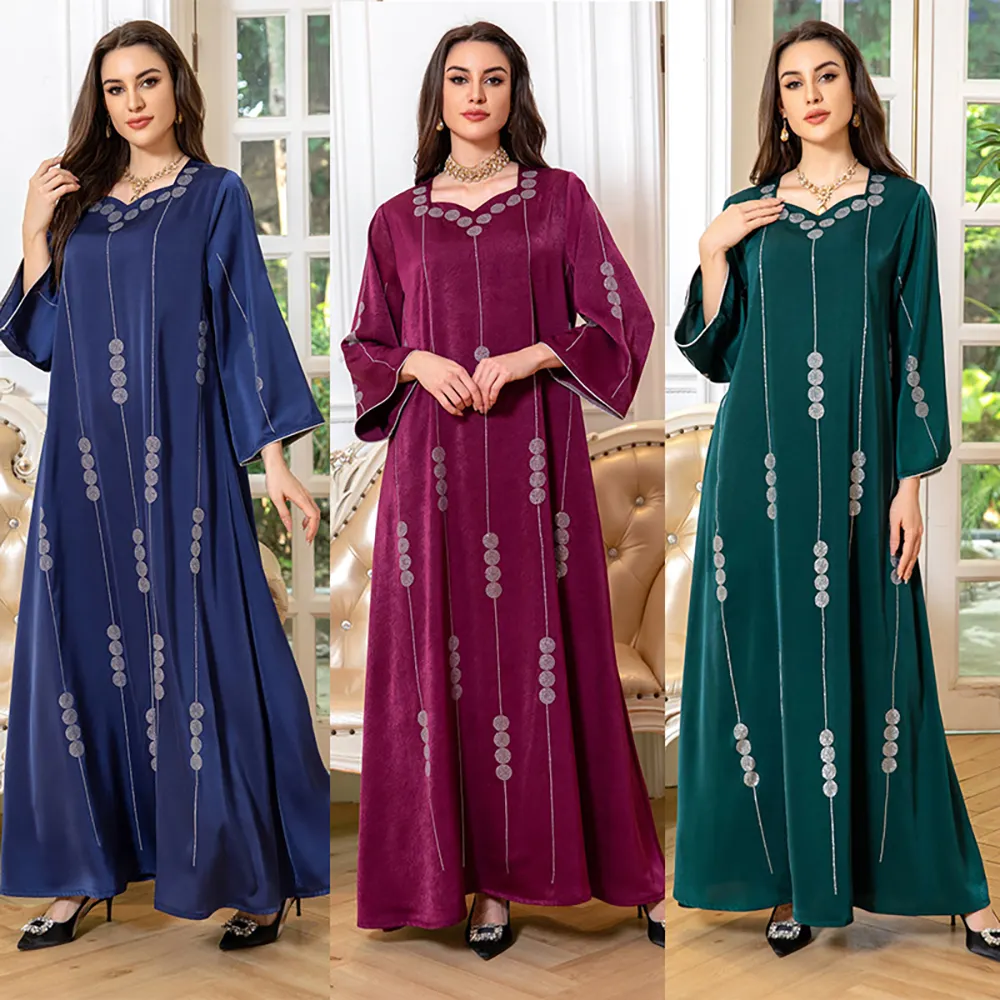 Mode Bescheiden Moslim Vrouwen Kaftan Jurken Arabian Dubai Satijn Hete Diamant Vrouwen Jalabiya Robe Marokkaanse Kaftan Jurk