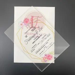 Personalizado Lucite UV impresión compromiso boda acrílico transparente tarjeta de invitación