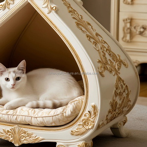 Hochwertiges Französisches Antikes Beige Massivholz-Hundehaus für Innenräume mit Schwammfüllung Luxuriöse Goldblatt-Villa und Kuppeldach für Katzen - Product Image 2