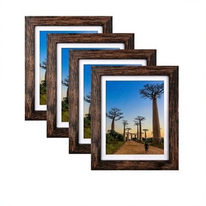 Set Of 4 Pack Rustic Brown Wooden <b>Photo</b> <b>Frame</b> With Mat <b>For</b> Home Living Room Tabletop Or Wall Decor Display - Product Image 1