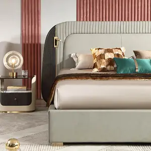 현대 고급스러운 정품 가죽 침대 세트 더블 침대 사용자 정의 스테인레스 스틸 기본 침실 가구 큰 헤드 보드