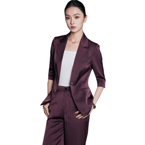 Women's 3/4 Sleeve Striped Blazer Suit Set Acetate Satin Anti-Wrinkle Professional Casual Spring Summer 2025 - Product Image 5