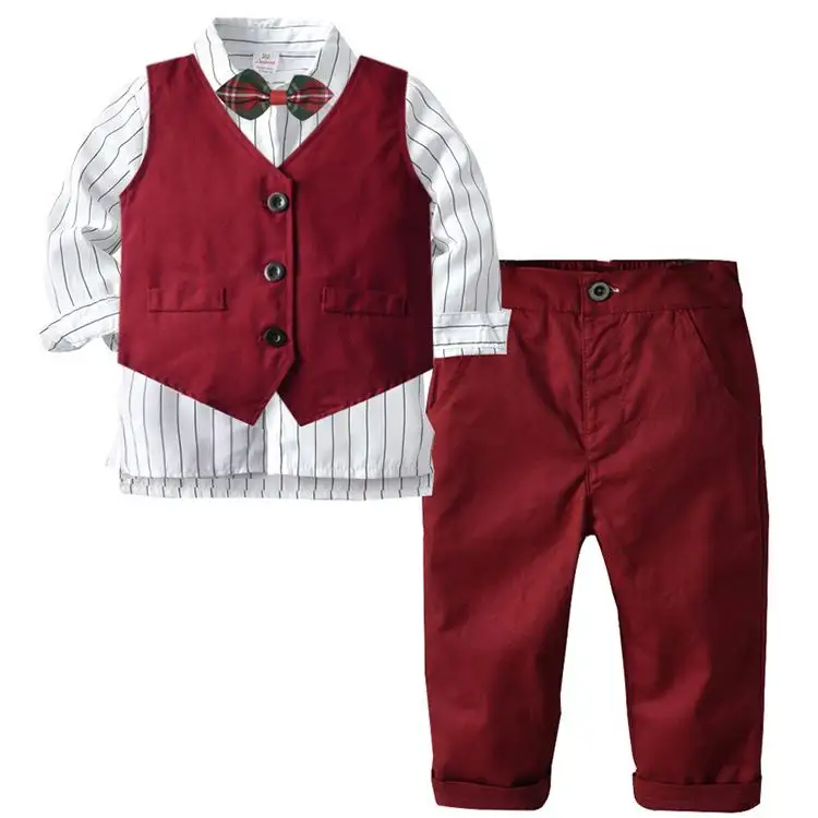 Herfst Kinderkleding Sets Kleine Jongens Wit Shirt Wijn Rood Vest Geweven Broek Driedelig Pak Comfortabel En Ademend kledingstuk