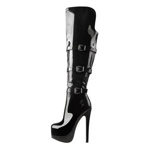 Bottes hautes pour femmes, grande taille 46, avec boucles de ceinture métalliques, en cuir verni, à plateforme épaisse, coupe large, talon aiguille, style bottines longues - Product Image 2