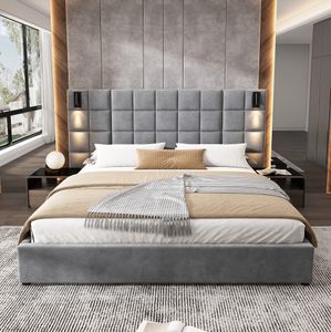เตียงคิงไซส์ทรงกลมทันสมัย OE HOME หุ้มผ้าสีเทาแบบ Tufted พร้อมโคมไฟอ่านหนังสือปรับได้ พอร์ต USB ดีไซน์อัจฉริยะ นุ่มสบาย เป็นมิตรกับสิ่งแวดล้อม - Product Image 4