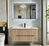Meuble-lavabo mural minimaliste en bois massif pour salle de bain d'hôtel avec miroir inclus