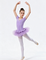 Robe de tutu de ballet à manches courtes pour filles, en spandex, avec nœud violet, bordure en strass, tulle à pois, costume de danse de scène pour enfants