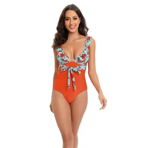 new one-piece swimsuit Women's V Neck One Piece Swimsuit Ruffled Backless high-waisted pants Swimwear