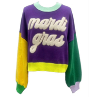 Pull oversize color block violet, or et vert, pull festif en chenille avec patchs Mardi Gras, pull Mardi Gras