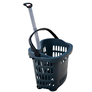 Supermarket Portable Shopping Basket Gray <b>Plastic</b> with Thick Aluminum Alloy Pull <b>Rod</b> Easy Shopping Grocery Basket - Product Image 1