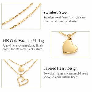 Layered Heart Necklace Stainless Steel 14K <b>Gold</b> Vacuum Plated Double Chain Pendant Jewelry - Product Image 2
