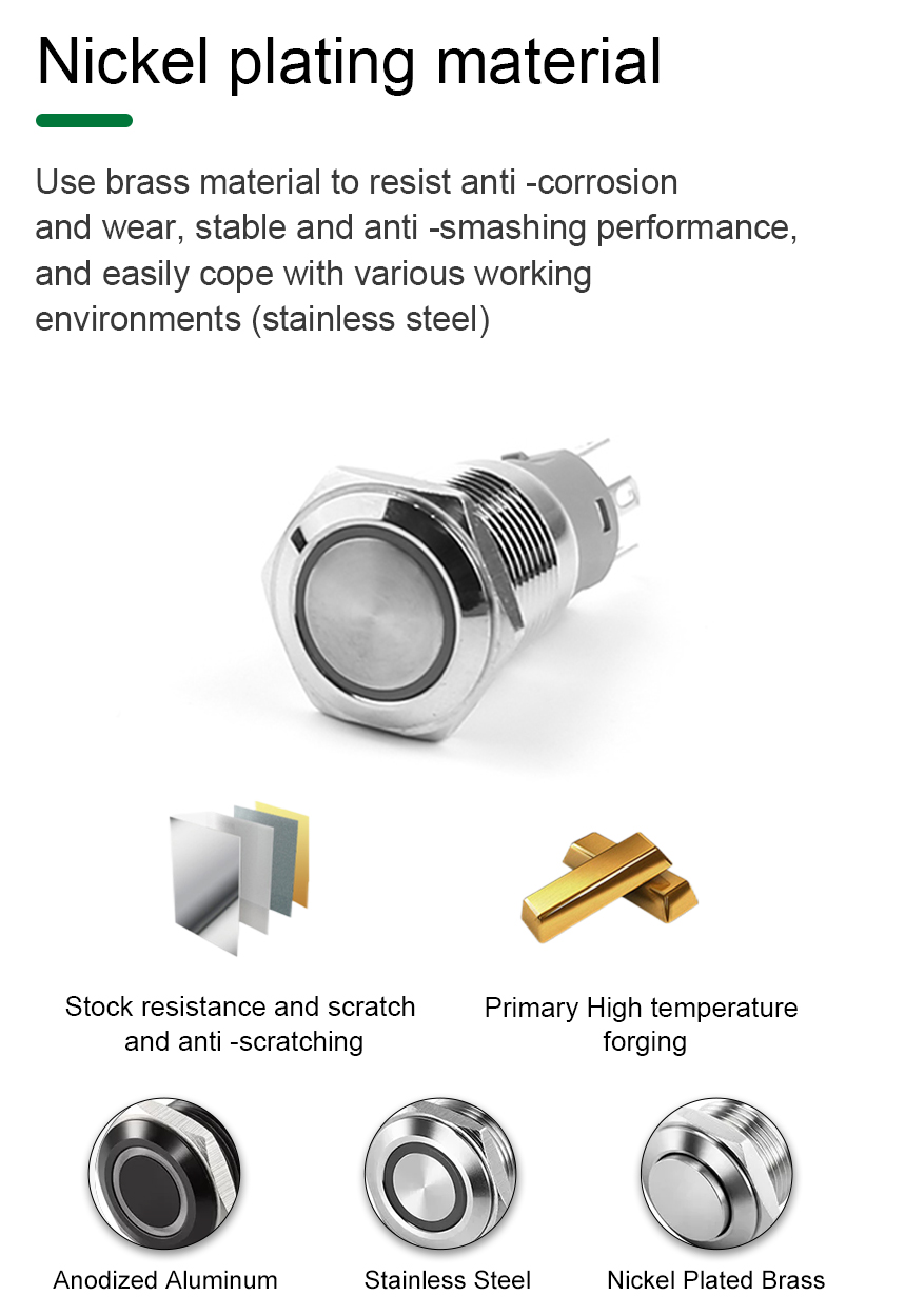 12/16/19 mm À prova d'água IP65 12 Volts Iluminado Aceso LIGADO DESLIGADO Led aço inoxidável Travamento momentâneo de metal Interruptor de botão de pressão