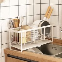 Égouttoir à vaisselle pour rebord de fenêtre de petite cuisine, double niveau, en métal, design moderne, multifonctionnel, durable, 5 crochets, rangement, nettoyage