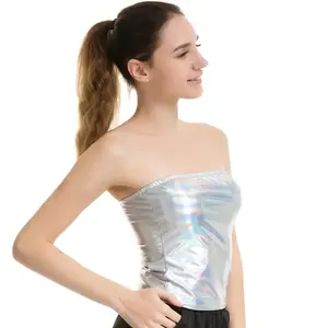 Haut bandeau métallique extensible sans bretelles pour femme, crop top brillant à épaules dénudées, idéal pour les raves, festivals, clubs et la danse - Product Image 3