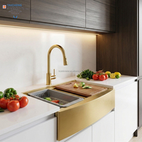 Évier de cuisine double cuve 33x22 pouces, à bords arrondis R10, style Workstation Apron Farmhouse, jaune doré, avec marches