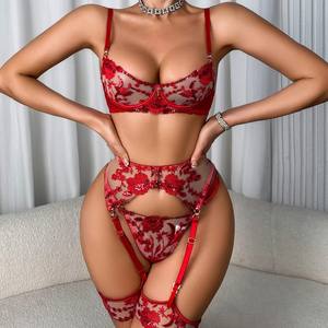 Luxuriöses Rotes Rosen-Pailletten-Stickerei-Dessous-Set mit Edelsteindetail, formender sexy Unterwäsche, Heavywork-BH-Set, OEM auf Lager - Product Image 2