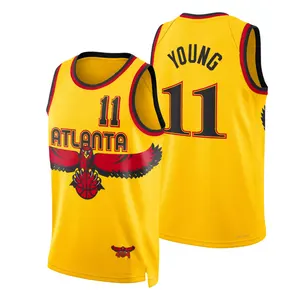 Venta al por mayor jersey de baloncesto de los atlanta hawks-Barato 2021-22 75th venta al por mayor de cuero amarillo Jersey de baloncesto de Atlanta Hawk 11 jóvenes 55 Mutombo
